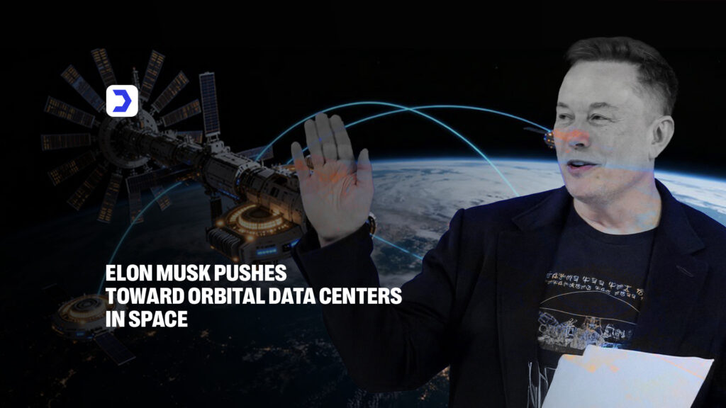 Elon Musk with a concept of orbital data centers in space