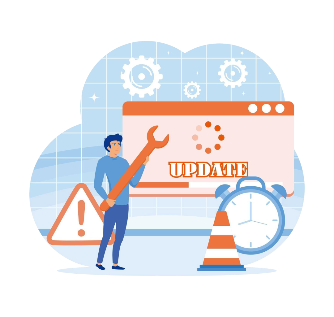 system-update-tiny-programmers-upgrading-operating-system-it-specialists-updating-software-programs-service-web-page-with-updating-progress-bar-alarm-clock-flat-vector-modern-illustration